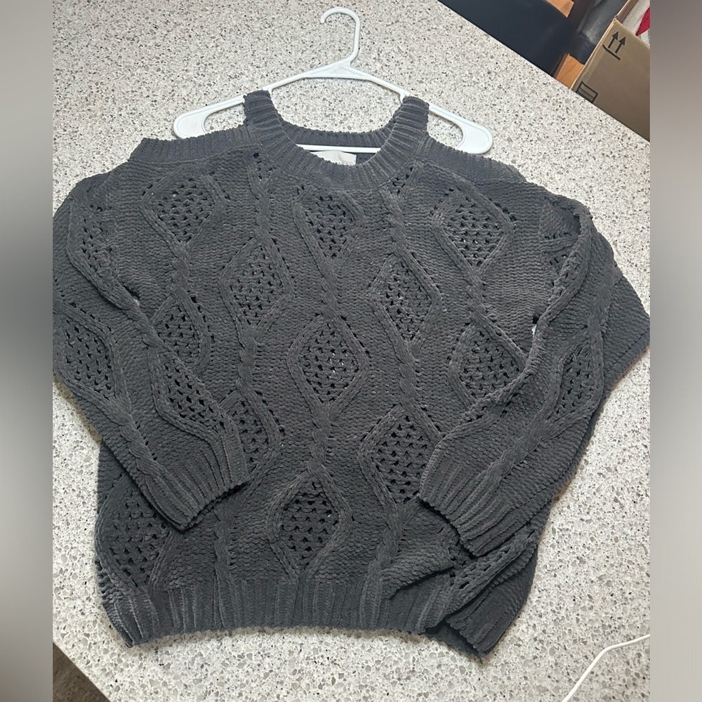 Paper Crane Charcoal Grey Chenille Cold Shoulder Sweater - Size